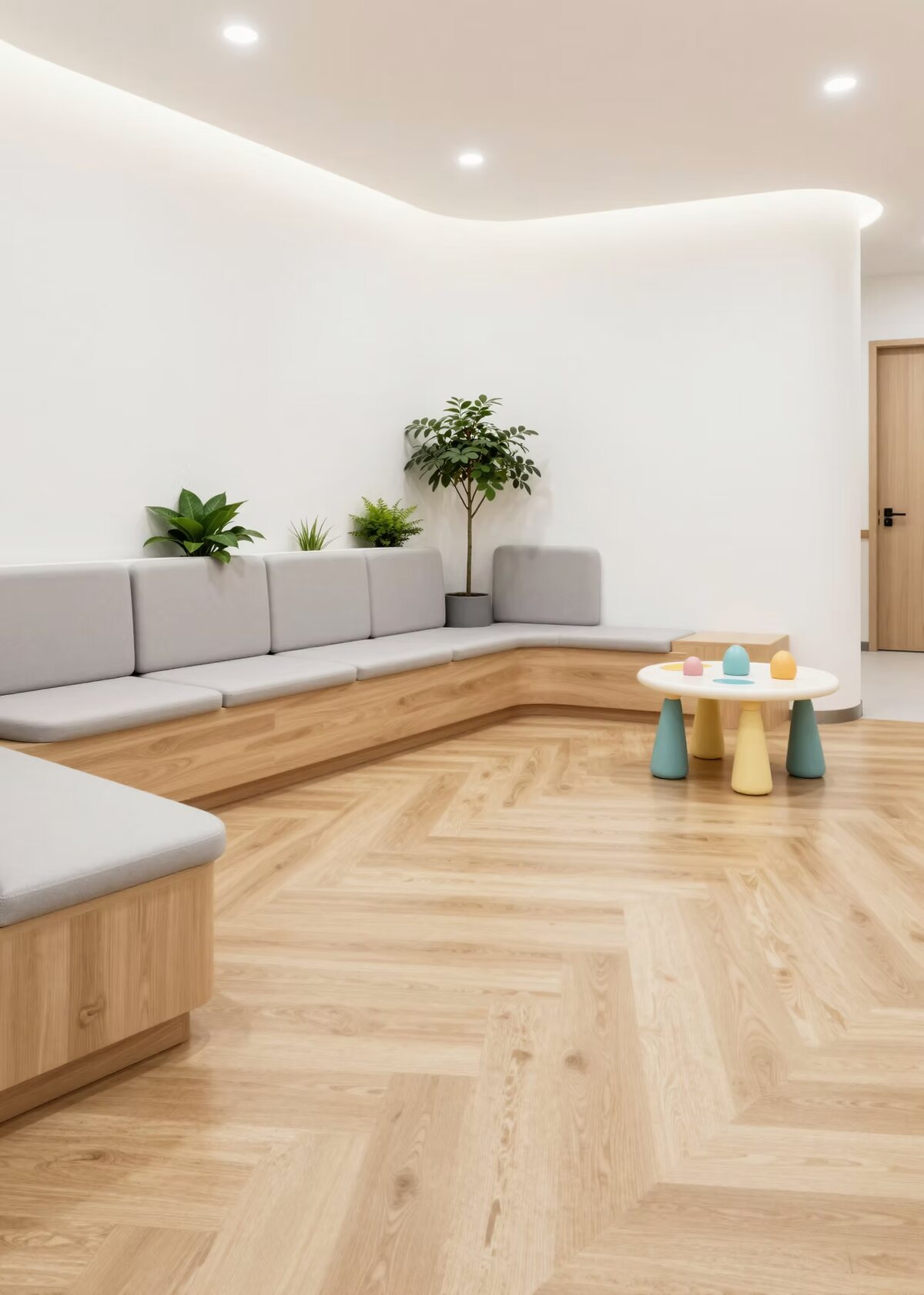 A bright pediatric home health clinic reception and waiting area