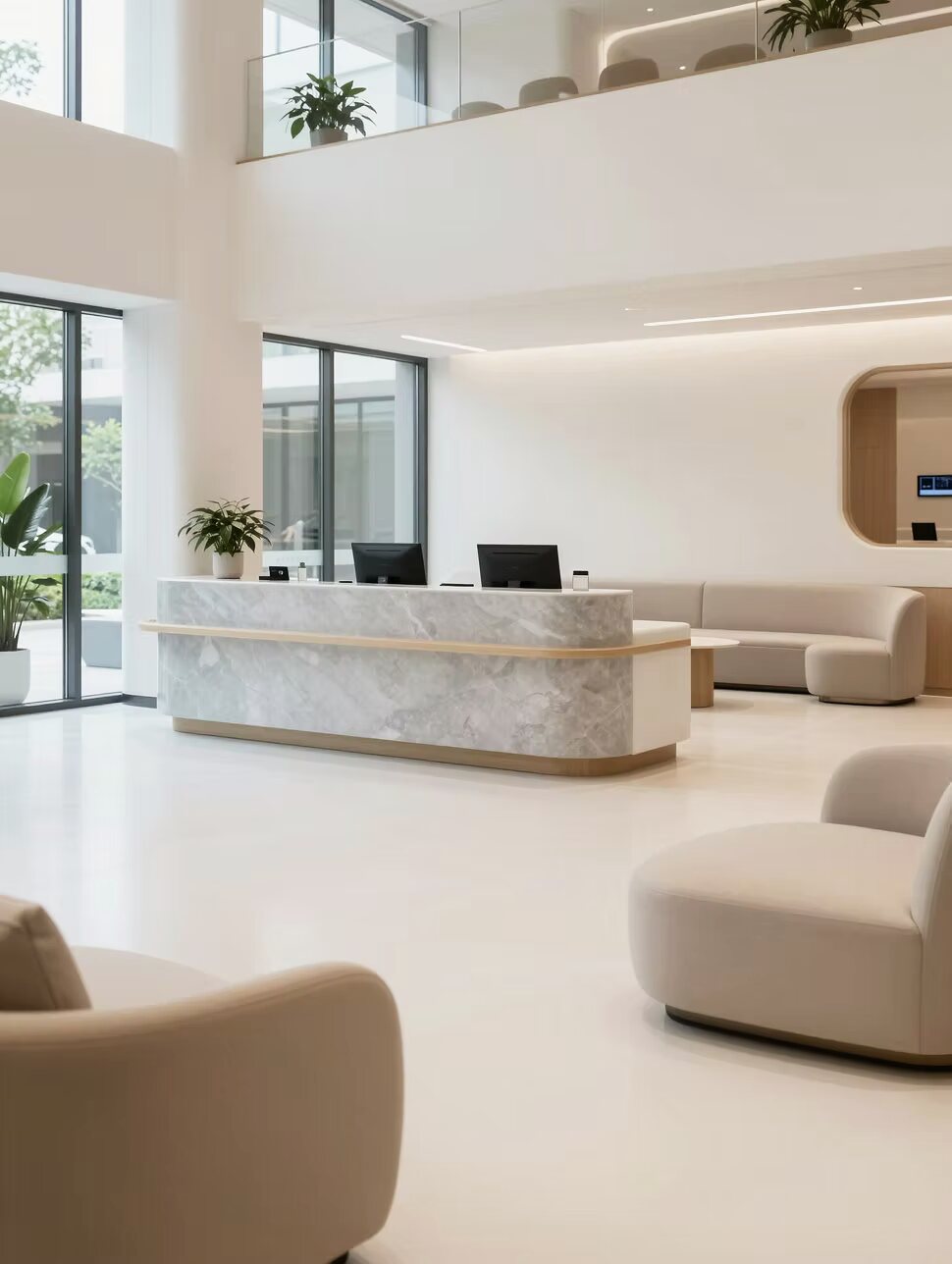 A calm, redesigned clinic reception and waiting area