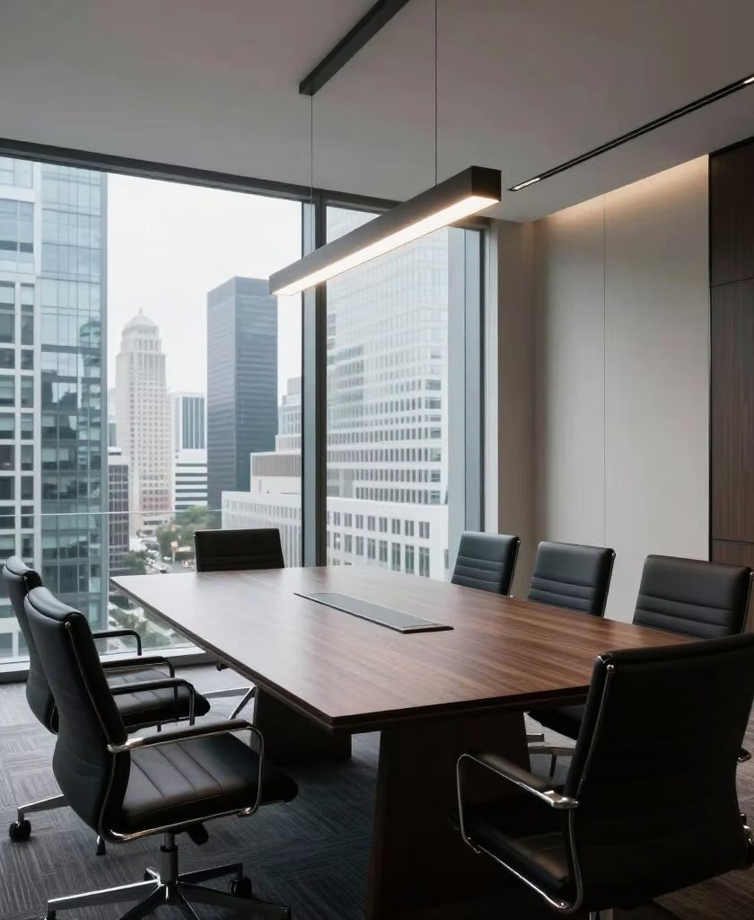 A boardroom overlooking the city skyline